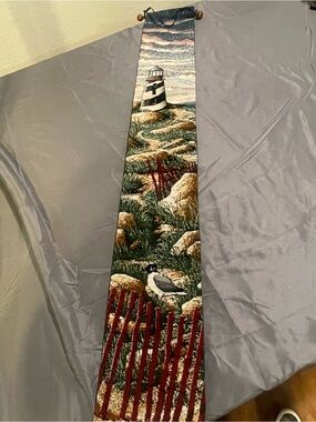Coastal Lighthouse Tapestry Wall Banner in Blue, Green, and Beige